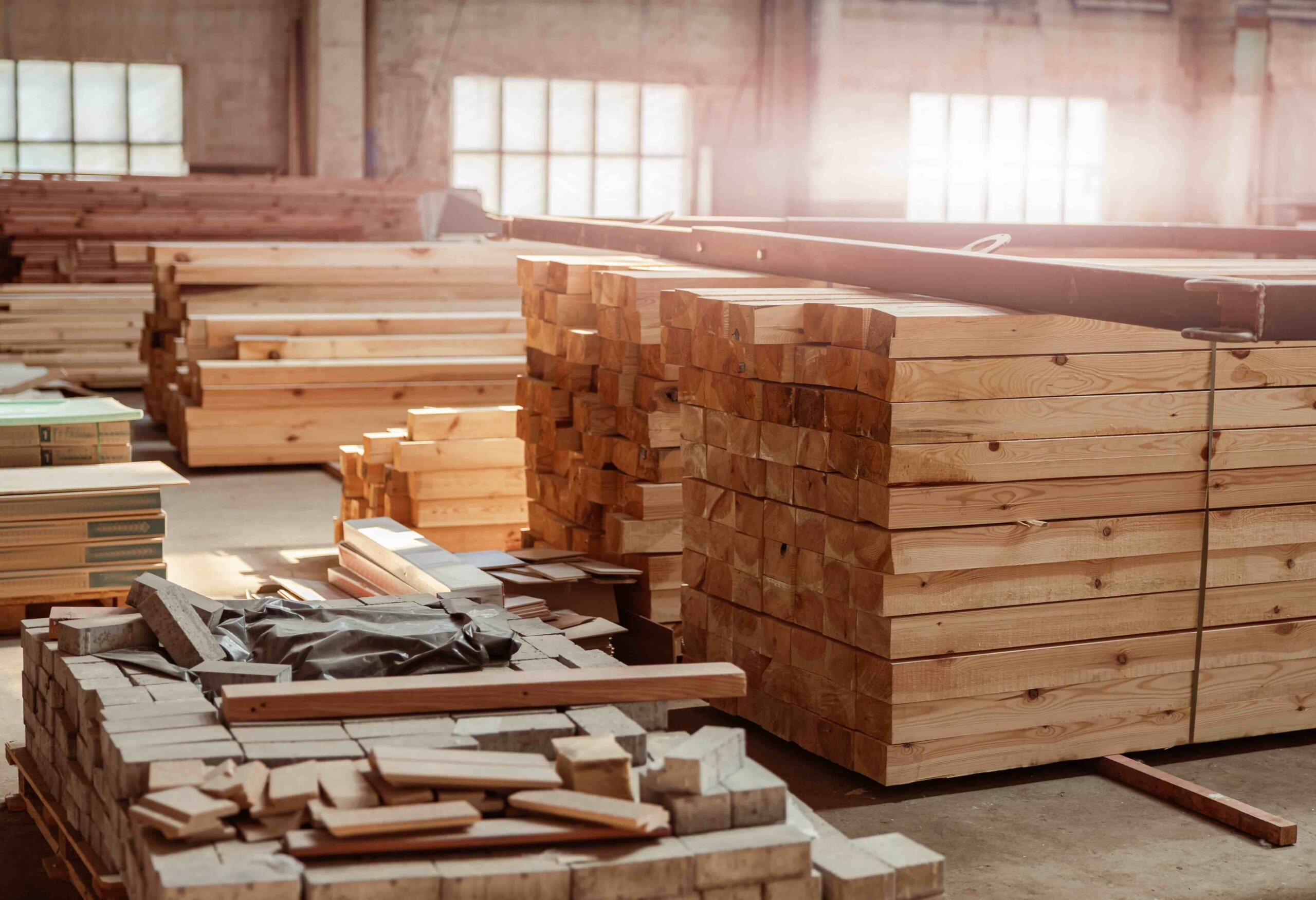A photo of stacked industrial lumber with sun coming through windows in the background.